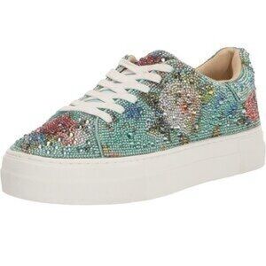 Brand New in box Betsey Johnson blue orange Floral Sparkle Sneakers